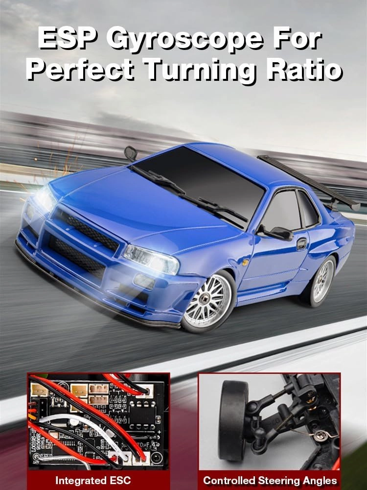 LD1899 1/18 Scale RC Drift Car, GTR R34 2.4GHz RWD Mini Model Car with Gyro, Alloy Body Shell Racing Cars for Adults Toys (Blue)