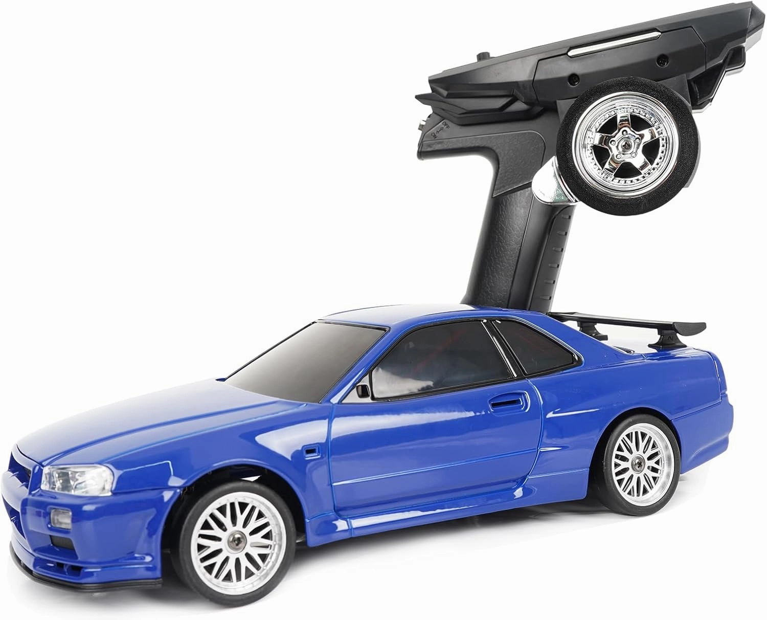 LD1899 1/18 Scale RC Drift Car, GTR R34 2.4GHz RWD Mini Model Car with Gyro, Alloy Body Shell Racing Cars for Adults Toys (Blue)