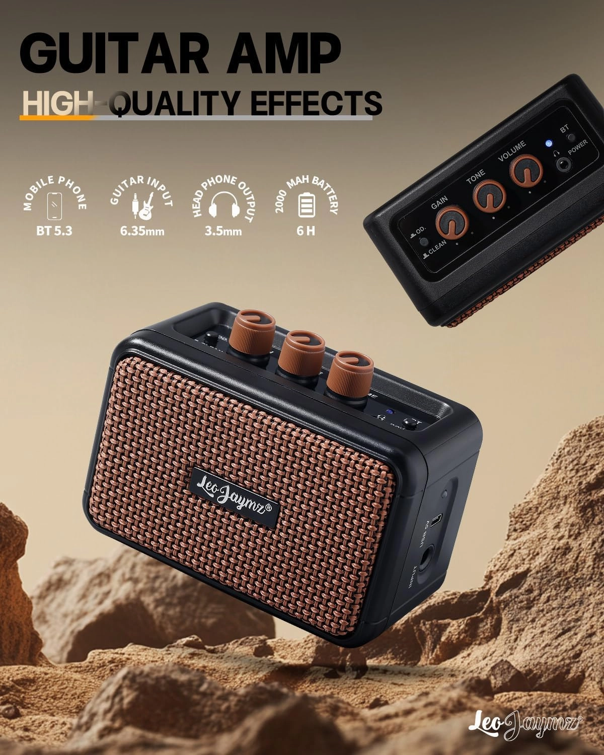 Leo Jaymz Mini Guitar Amplifier - 5W Dual Speaker BT Wireless Guitar Amp， Rechargeable Battery, Clean/Overdrive Modes, Headphone Jack,Ideal for Practice & Performance (Black)