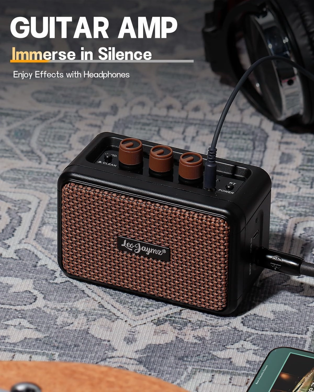 Leo Jaymz Mini Guitar Amplifier - 5W Dual Speaker BT Wireless Guitar Amp， Rechargeable Battery, Clean/Overdrive Modes, Headphone Jack,Ideal for Practice & Performance (Black)