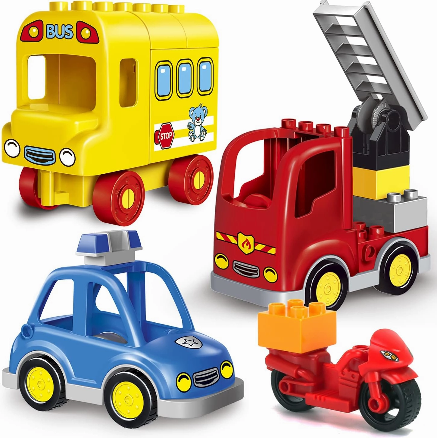Liberty Imports 4-Pack City Vehicles Transportation Set, Big Building Blocks Compatible with Major Brands - Includes Police Car, Fire Truck, School Bus, Motorcycle Toys for Kids, Toddlers