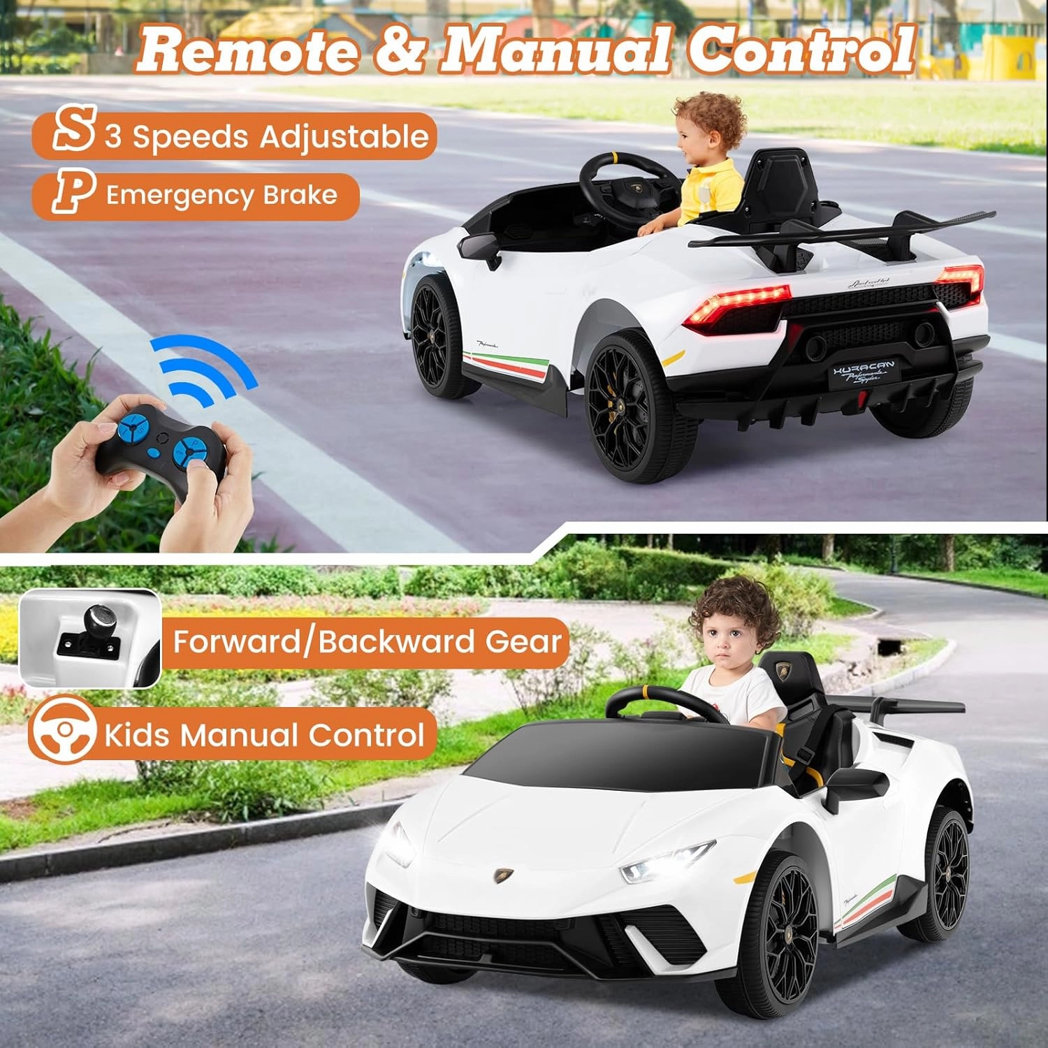 Licensed Lamborghini Huracan Ride on Car by INFANS, 12V Kids Electric Vehicle Battery Powered Toy with Remote Control, LED Lights, Spring Suspension, Bluetooth, MP3, Aged 3-8 Years (White)