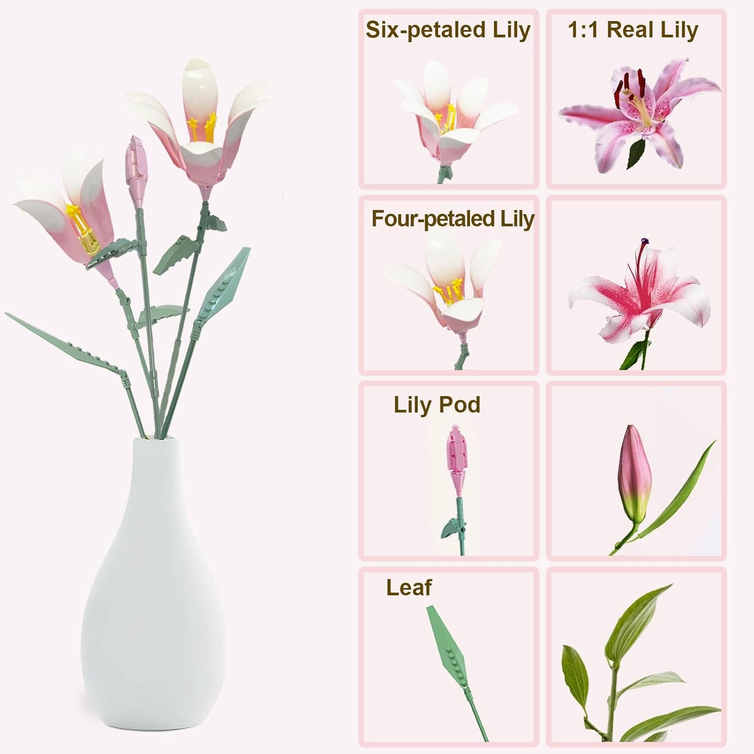 Lily Flower Kit for Adults, Artificial Flower Bouquet Set, Mini Building Bricks for Gifts/Home Decor, Botanical Collection (Pink)