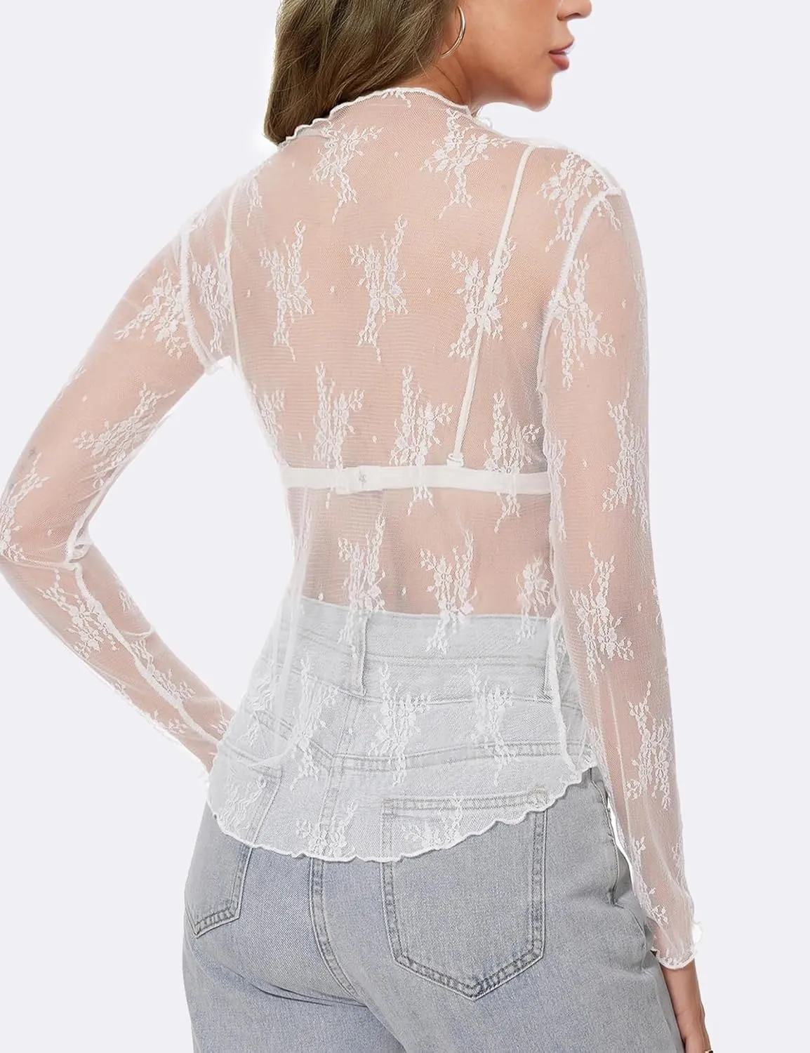 Lingswallow Lace Long Sleeve Tops for Women Floral Mesh Sexy Sheer See Through Top Boat Neck Blouse Shirt Layering Tops