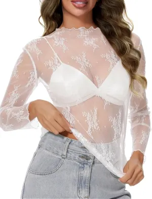 Lingswallow Lace Long Sleeve Tops for Women Floral Mesh Sexy Sheer See Through Top Boat Neck Blouse Shirt Layering Tops
