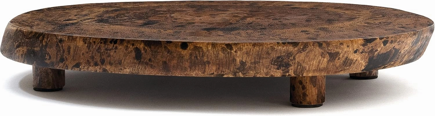 Lipper International 1210 Acacia Burl Finish Serving Board with Feet for Cheese, Crackers, and Hors D'oeuvres, Medium, 10" to 13" Diameter x 2"