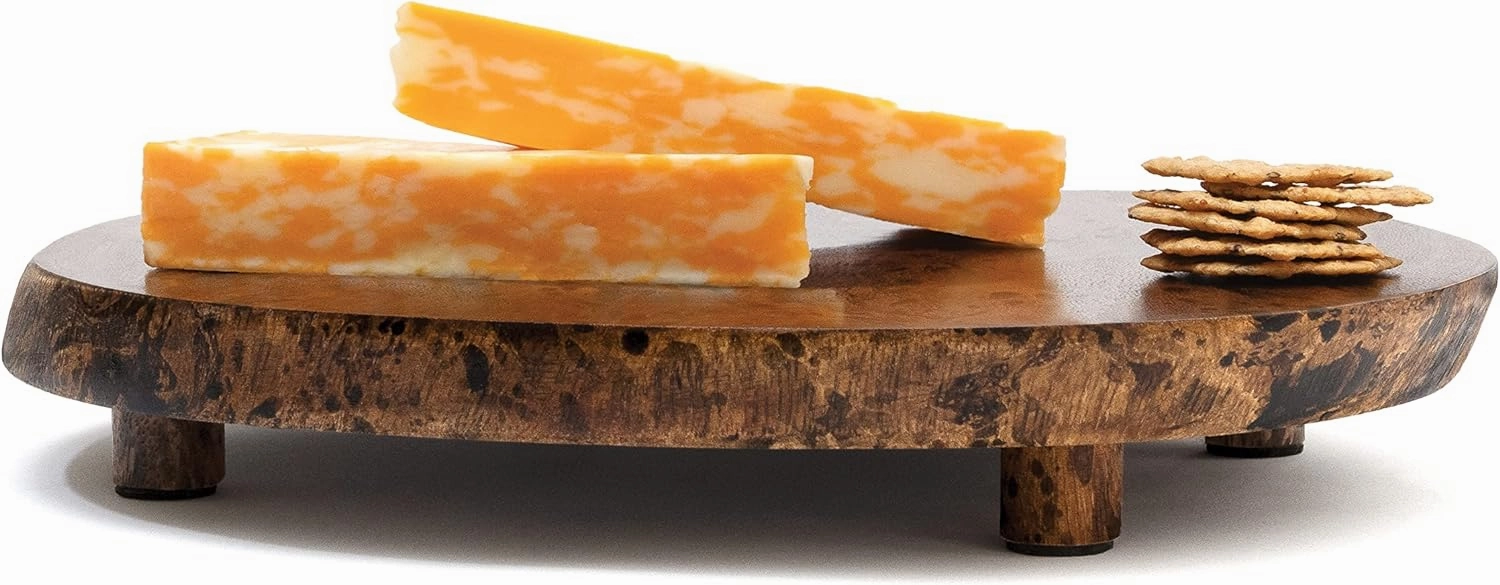 Lipper International 1210 Acacia Burl Finish Serving Board with Feet for Cheese, Crackers, and Hors D'oeuvres, Medium, 10" to 13" Diameter x 2"