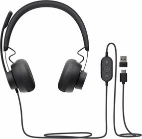 Logitech Zone Wired Headset, Certified for Microsoft Teams with advanced noise-canceling mic technology for open office environments, USB-C with USB-A adapter, Graphite