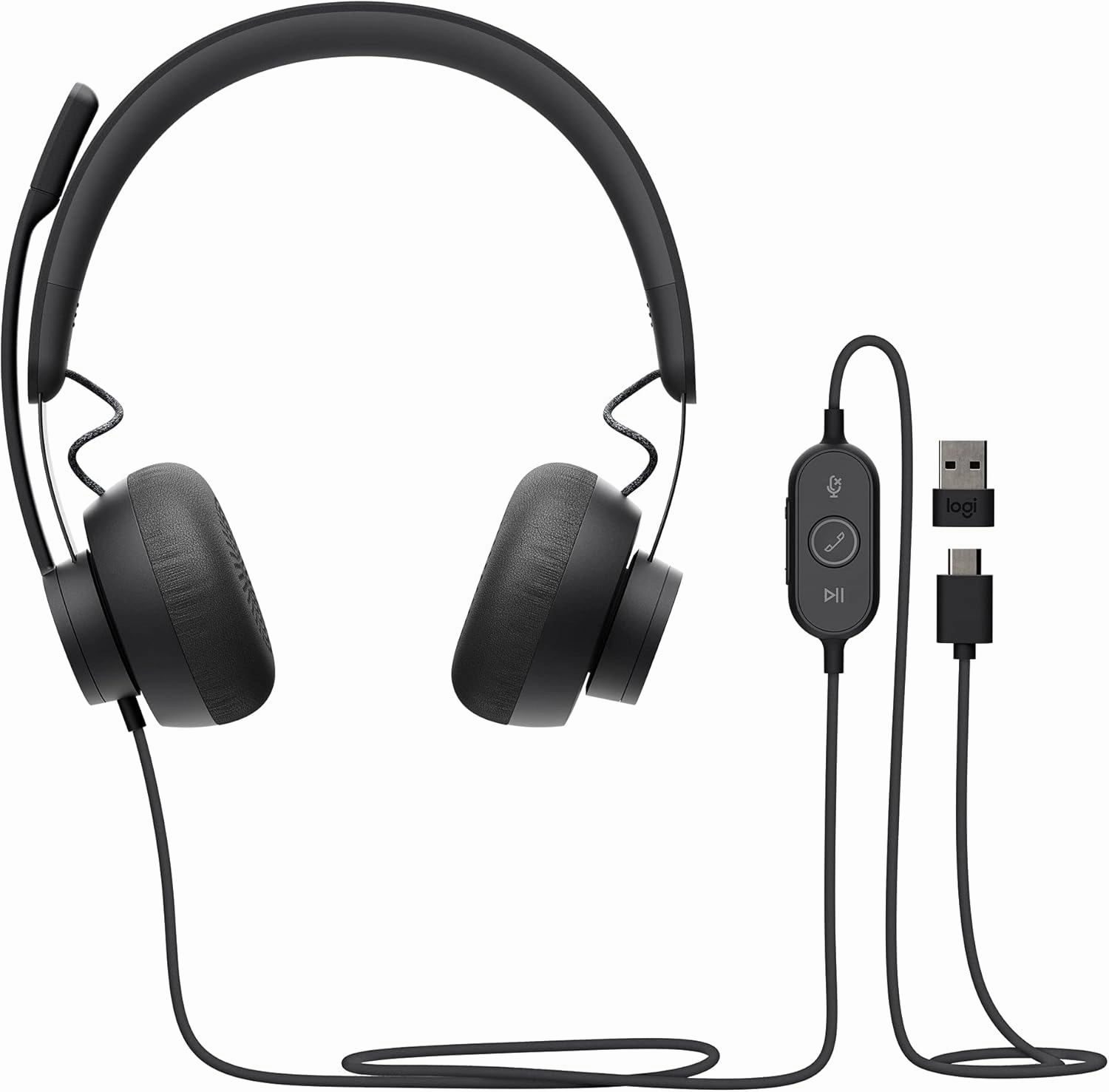 Logitech Zone Wired Headset, Certified for Microsoft Teams with advanced noise-canceling mic technology for open office environments, USB-C with USB-A adapter, Graphite