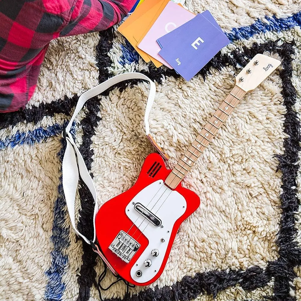 Loog Mini Electric kids Guitar for Beginners built-in Amp Ages 3  Learning App and Lessons Included Red
