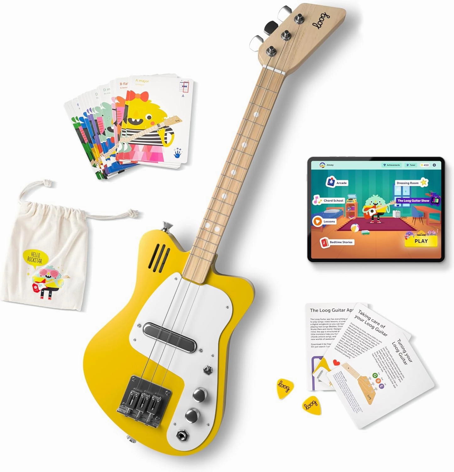 Loog Mini Electric kids Guitar for Beginners built-in Amp Ages 3  Learning App and Lessons Included Yellow