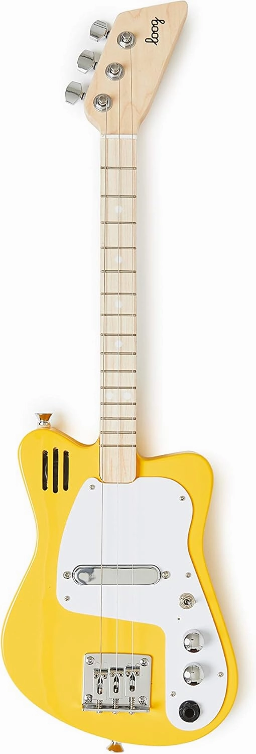 Loog Mini Electric kids Guitar for Beginners built-in Amp Ages 3  Learning App and Lessons Included Yellow
