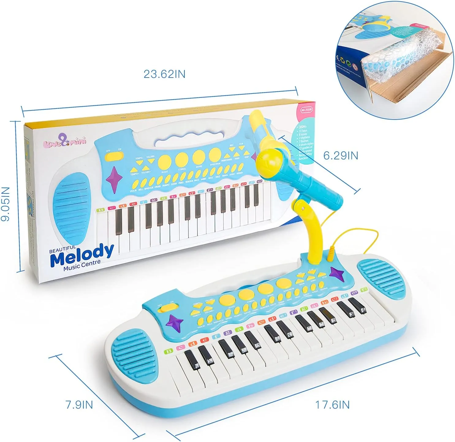 Love&Mini Piano Toy Keyboard for Kids - Baby Girls Toys with 31 Keys and Microphone Musical Instrument Birthday Gift for 3  Years Old Girls and Boys (Blue)