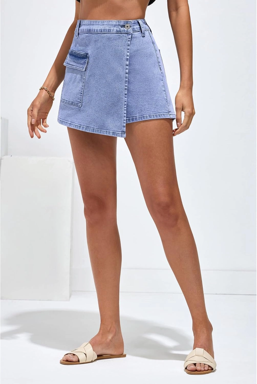 luvamia Denim Skorts for Woman Cargo Faux Wrap Jean Skort Skirts Stretchy High Waisted Skirt Shorts Country Concert Wear