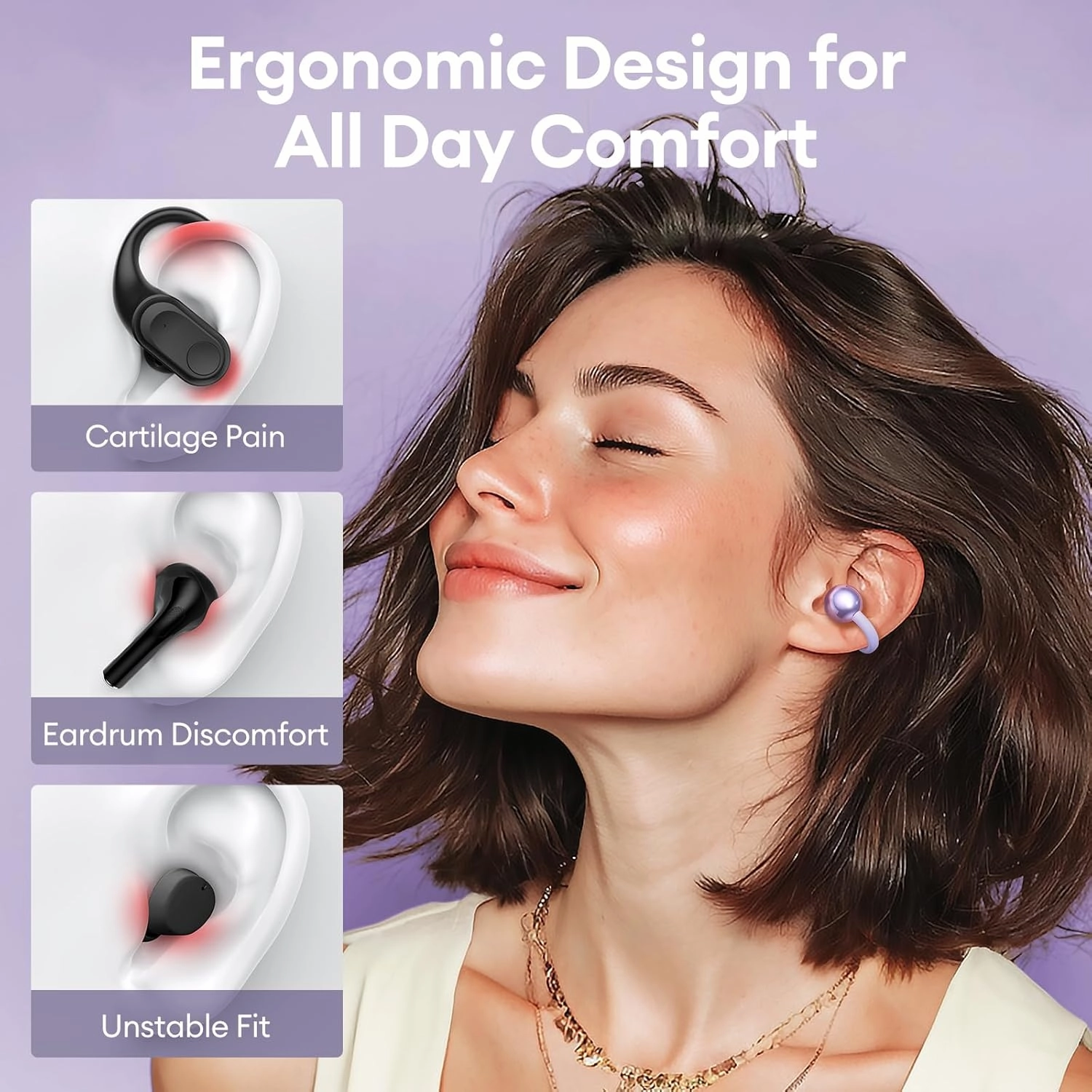 M100 Clip On Ear Headphones, Open Ear Earbuds Wireless Bluetooth 5.4, Clip On Earbuds with LCD Touchscreen, Lightweight Comfort Open Ear Headphones for Sports, Fitness, and Workouts, Purple