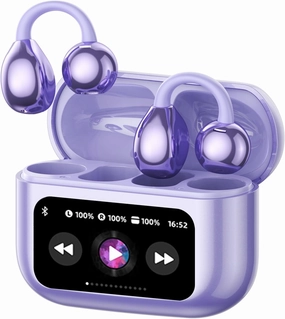 M100 Clip On Ear Headphones, Open Ear Earbuds Wireless Bluetooth 5.4, Clip On Earbuds with LCD Touchscreen, Lightweight Comfort Open Ear Headphones for Sports, Fitness, and Workouts, Purple