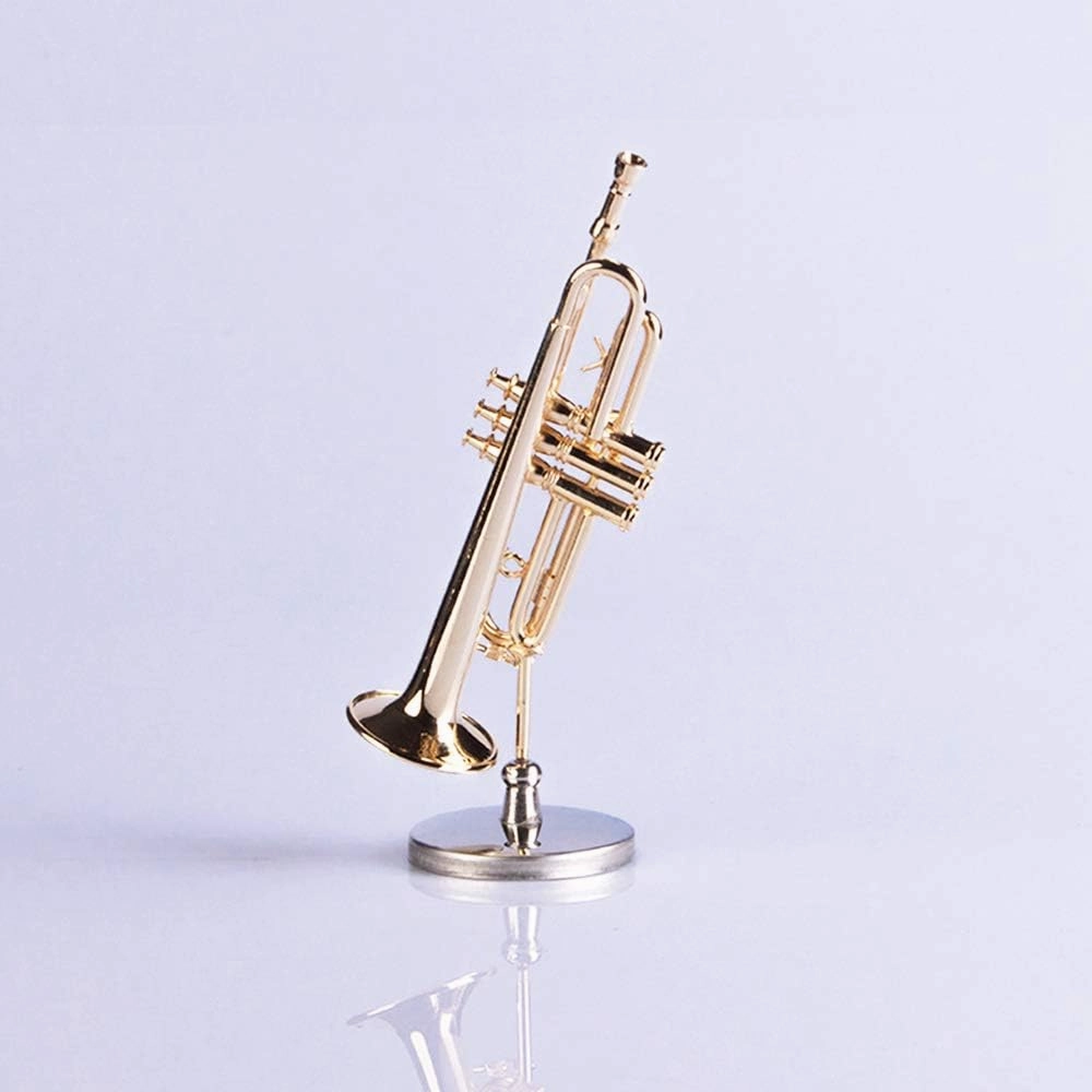 M4MUSIC Mini Copper Trumpet Model Collectible Miniature Dollhouse Music Instrument Miniature Replica Trumpet with Stand and Case - 5 Inches