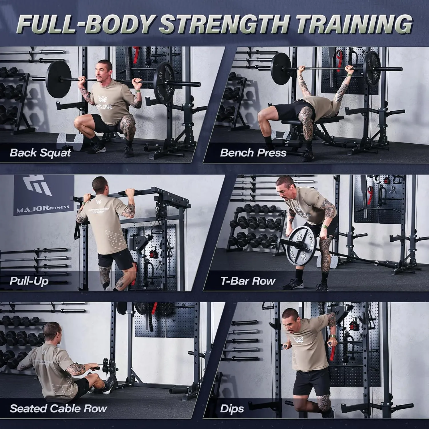MAJOR FITNESS Drone3 Power Cage - Multi-Function Power Rack for Home Gym, Squat Rack with Pull-up Bar, Cable Crossover System, J-Hooks, for Strength Training, Heavy-Duty Steel Construction