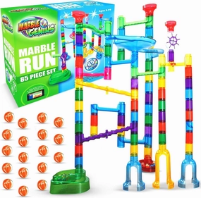 Marble Genius Marble Run - 85 Complete Pieces Maze Track Toys for Adults, Teens, Toddlers & Kids Aged 4-12 Years Old (67 Translucent Marbulous Pieces   18 Glass-Marble Set), Explorer Set