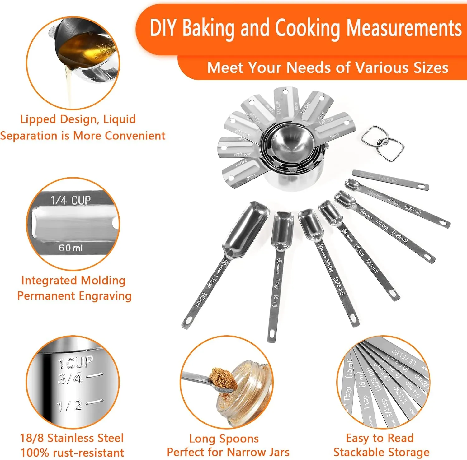 Measuring Cups and Spoons Set of 20 - Stackable Stainless Steel Measuring Cups Spoons & Plastic Measuring Cup for Dry and Liquid Ingredients, Cooking & Baking Kitchen Gadgets