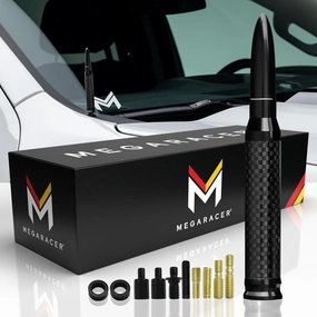 Mega Racer 50 Cal Bullet Antenna - Black Carbon Fiber 5.5 Inch AM/FM Compatible Universal Fit for Truck, Solid Aluminum with Anti-Theft Design and Car Wash Safe