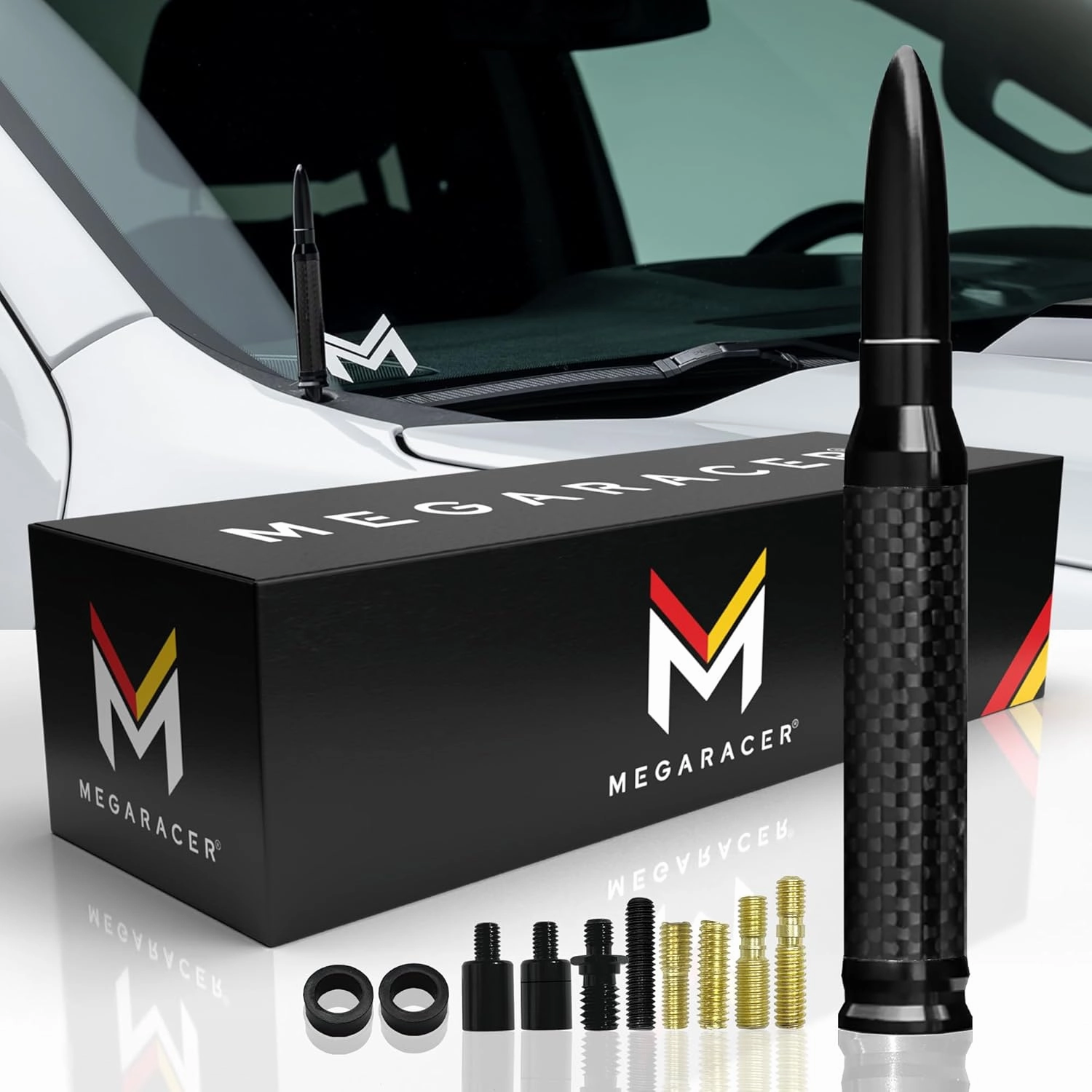 Mega Racer 50 Cal Bullet Antenna - Black Carbon Fiber 5.5 Inch AM/FM Compatible Universal Fit for Truck, Solid Aluminum with Anti-Theft Design and Car Wash Safe