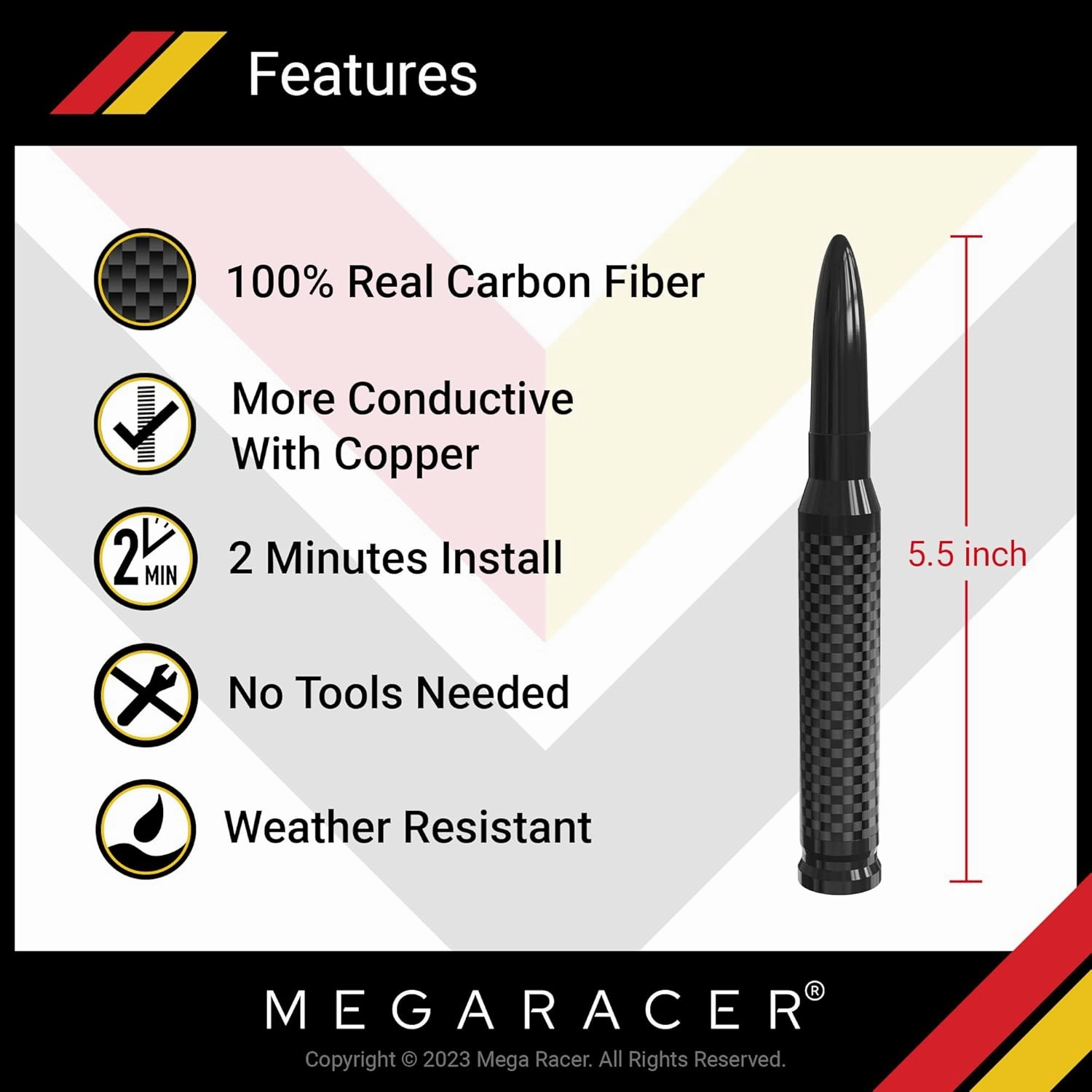 Mega Racer 50 Cal Bullet Antenna - Black Carbon Fiber 5.5 Inch AM/FM Compatible Universal Fit for Truck, Solid Aluminum with Anti-Theft Design and Car Wash Safe