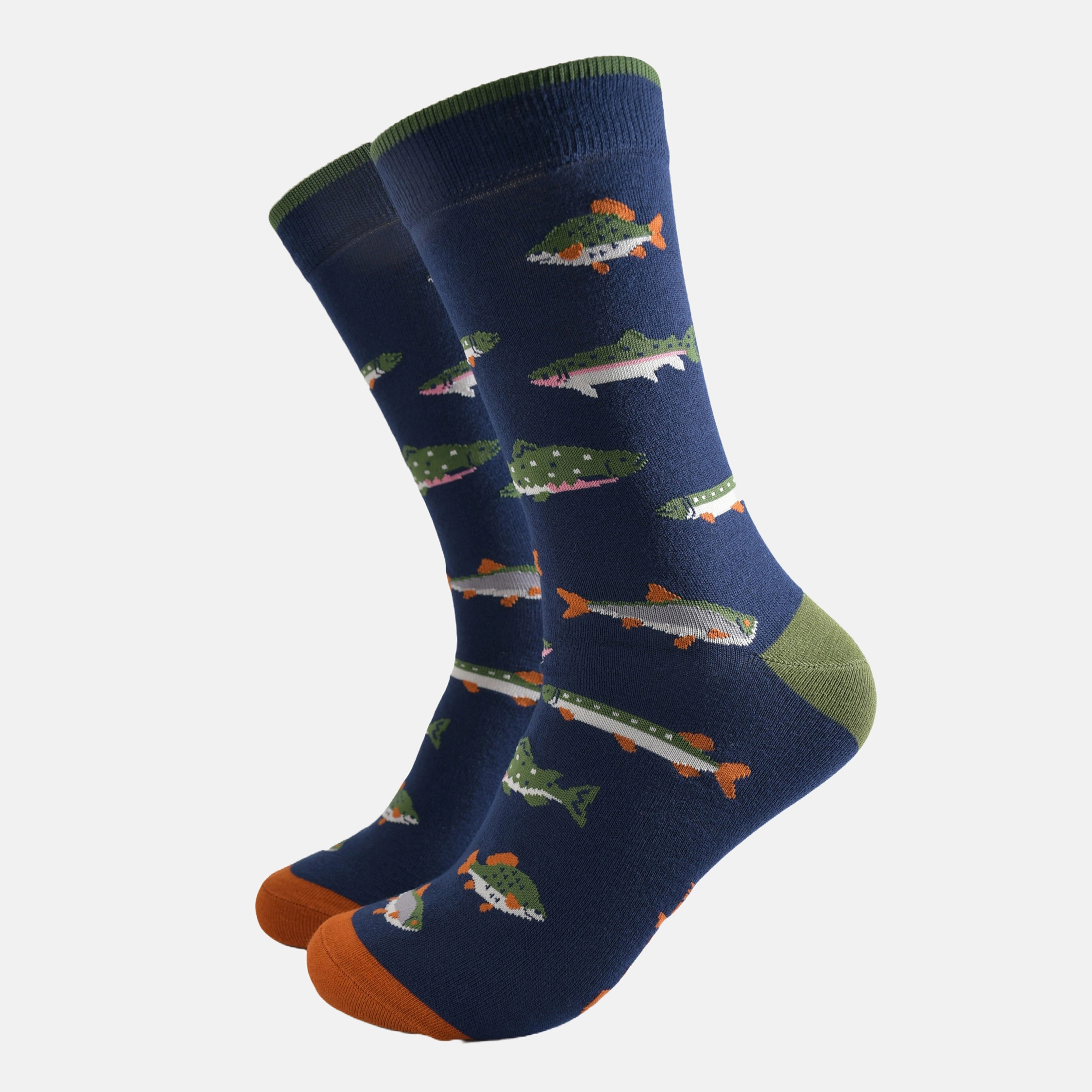 Men's Bamboo Socks - Navy Blue/Green, River Fishing