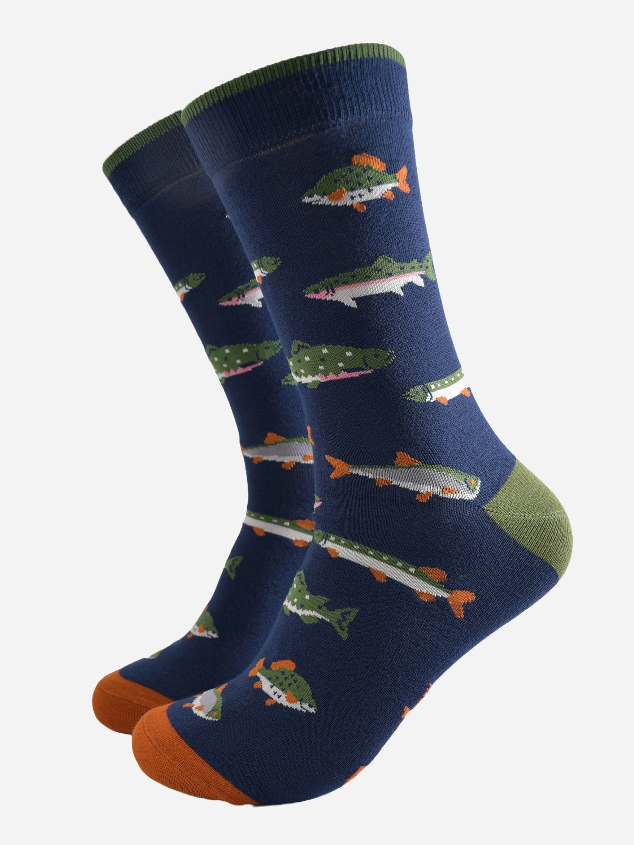 Men's Bamboo Socks - Navy Blue/Green, River Fishing