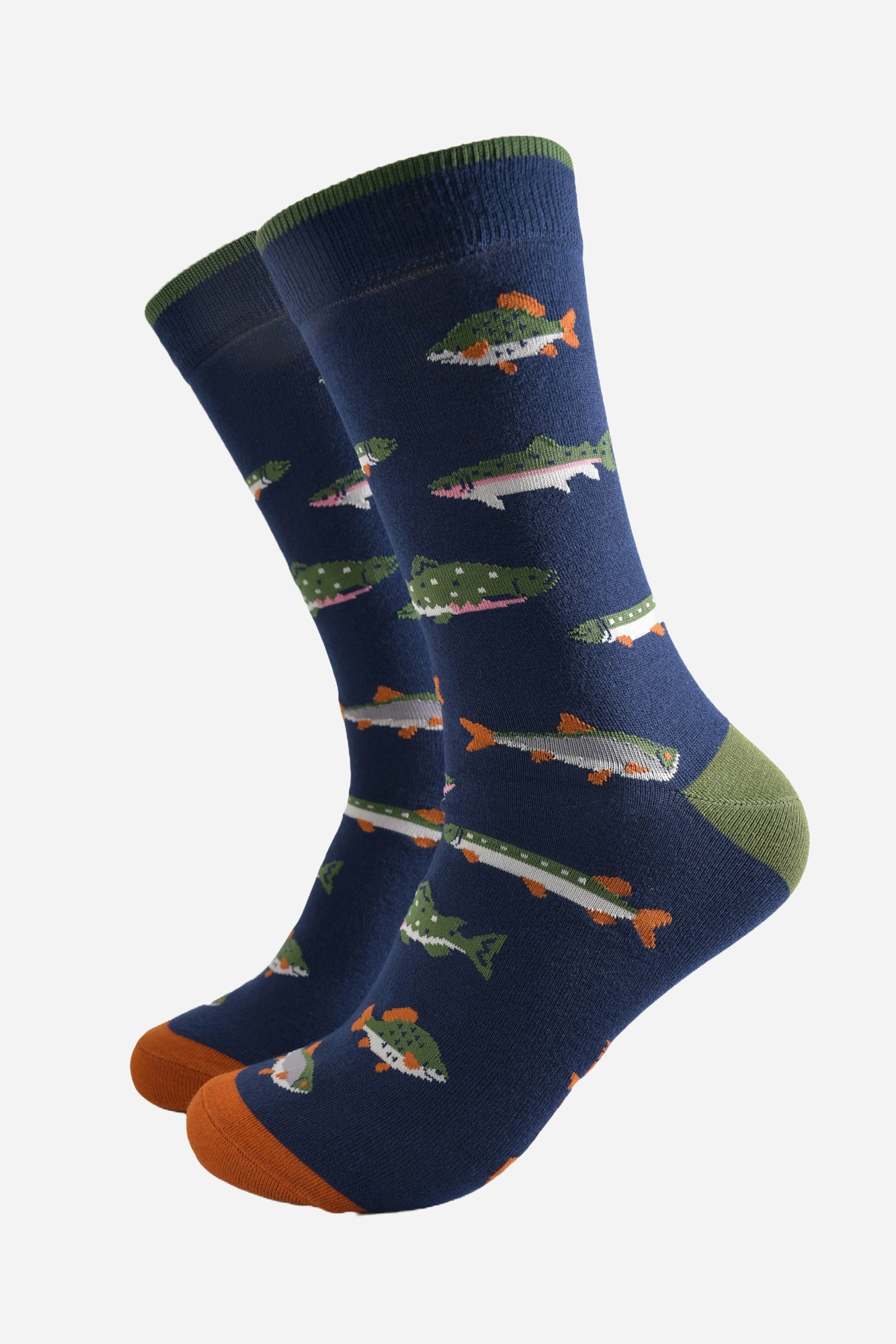 Men's Bamboo Socks - Navy Blue/Green, River Fishing