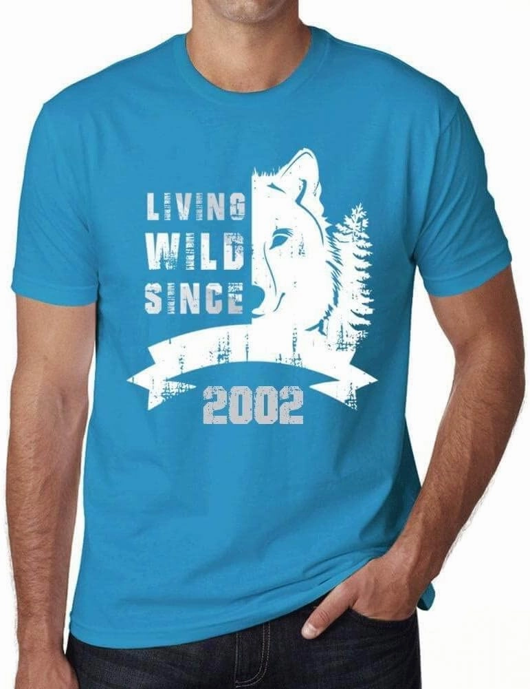 Men's Graphic T-Shirt Living Wild Since 2002 22nd Birthday Anniversary 22 Year Old Gift 2002 Vintage Eco-Friendly Short Sleeve Novelty Tee Aqua XS