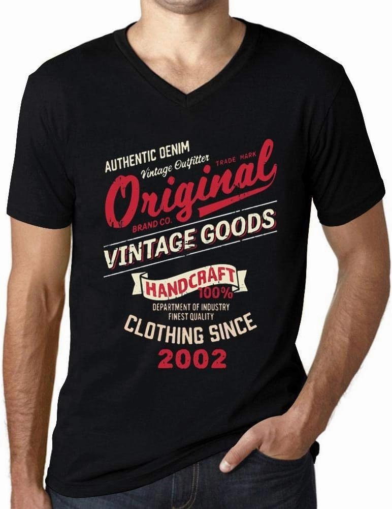 Men's Graphic T-Shirt V Neck Original Vintage Clothing Since 2002 22nd Birthday Anniversary 22 Year Old Gift 2002 Vintage Eco-Friendly Short Sleeve Novelty Tee Deep Black 4XL