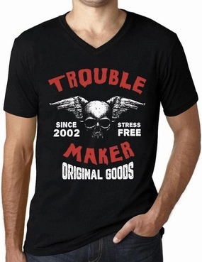 Men's Graphic T-Shirt V Neck Trouble Maker Stress Free Since 2002 22nd Birthday Anniversary 22 Year Old Gift 2002 Vintage Eco-Friendly Short Sleeve Novelty Tee Deep Black 5XL