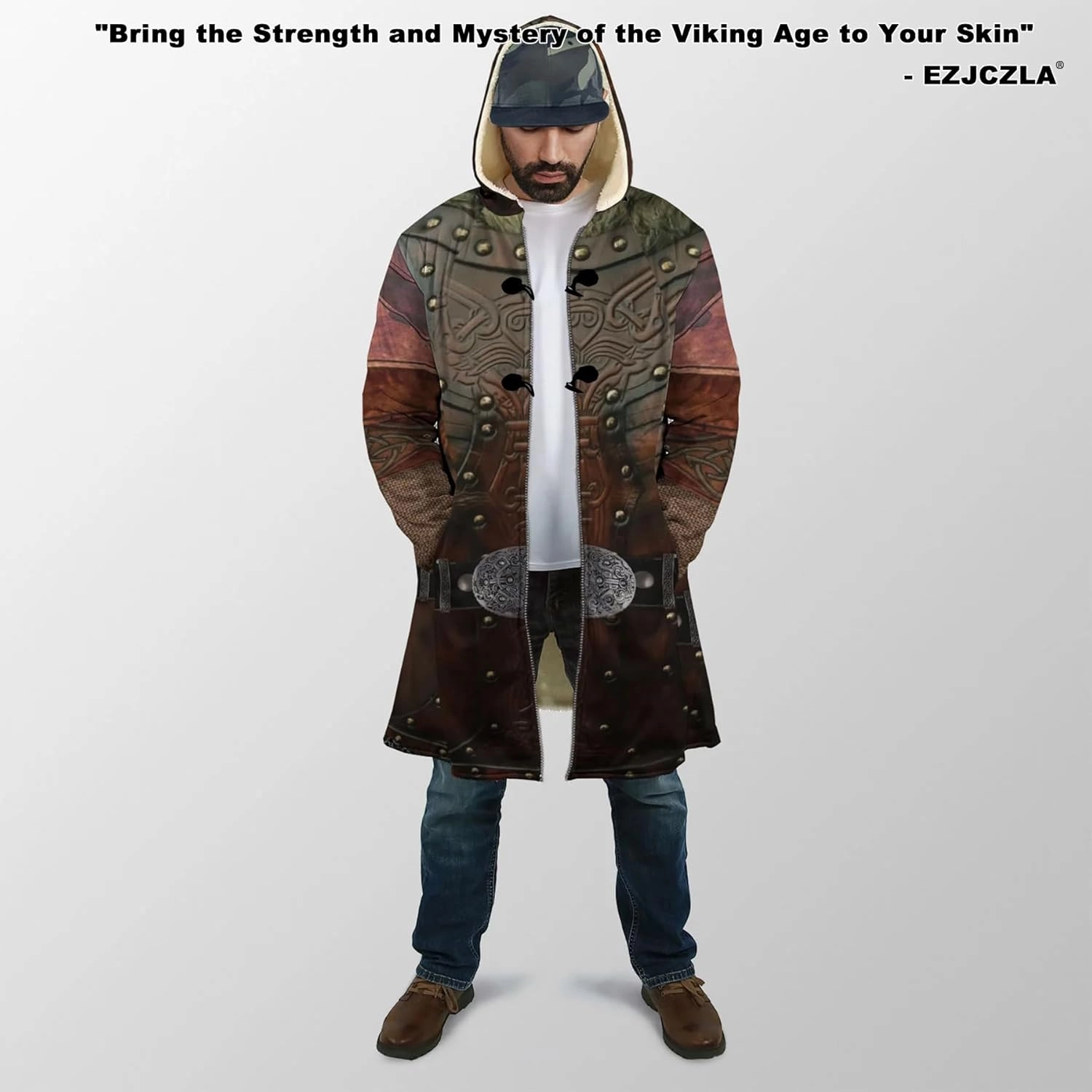 Men's Medieval Armor Winter Coat Park Viking Retro 3D Printed Long Sleeve Cloak Novelty Jacket Role Play Coatumes Poncho