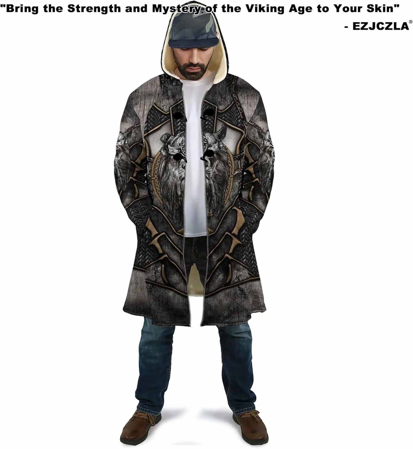 Men's Medieval Armor Winter Coat Park Viking Retro 3D Printed Long Sleeve Cloak Novelty Jacket Role Play Coatumes Poncho