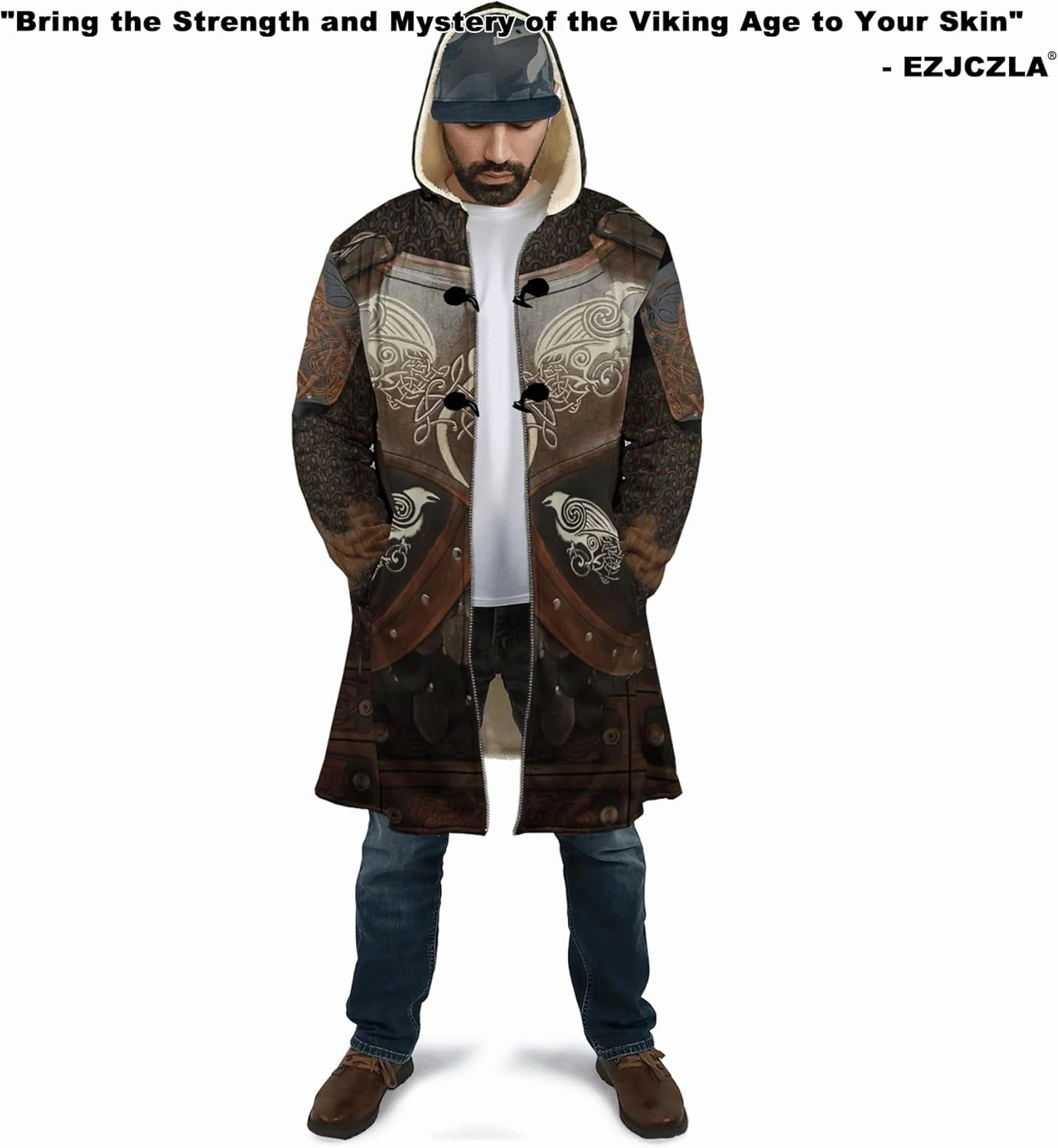 Men's Medieval Armor Winter Coat Park Viking Retro 3D Printed Long Sleeve Cloak Novelty Jacket Role Play Coatumes Poncho