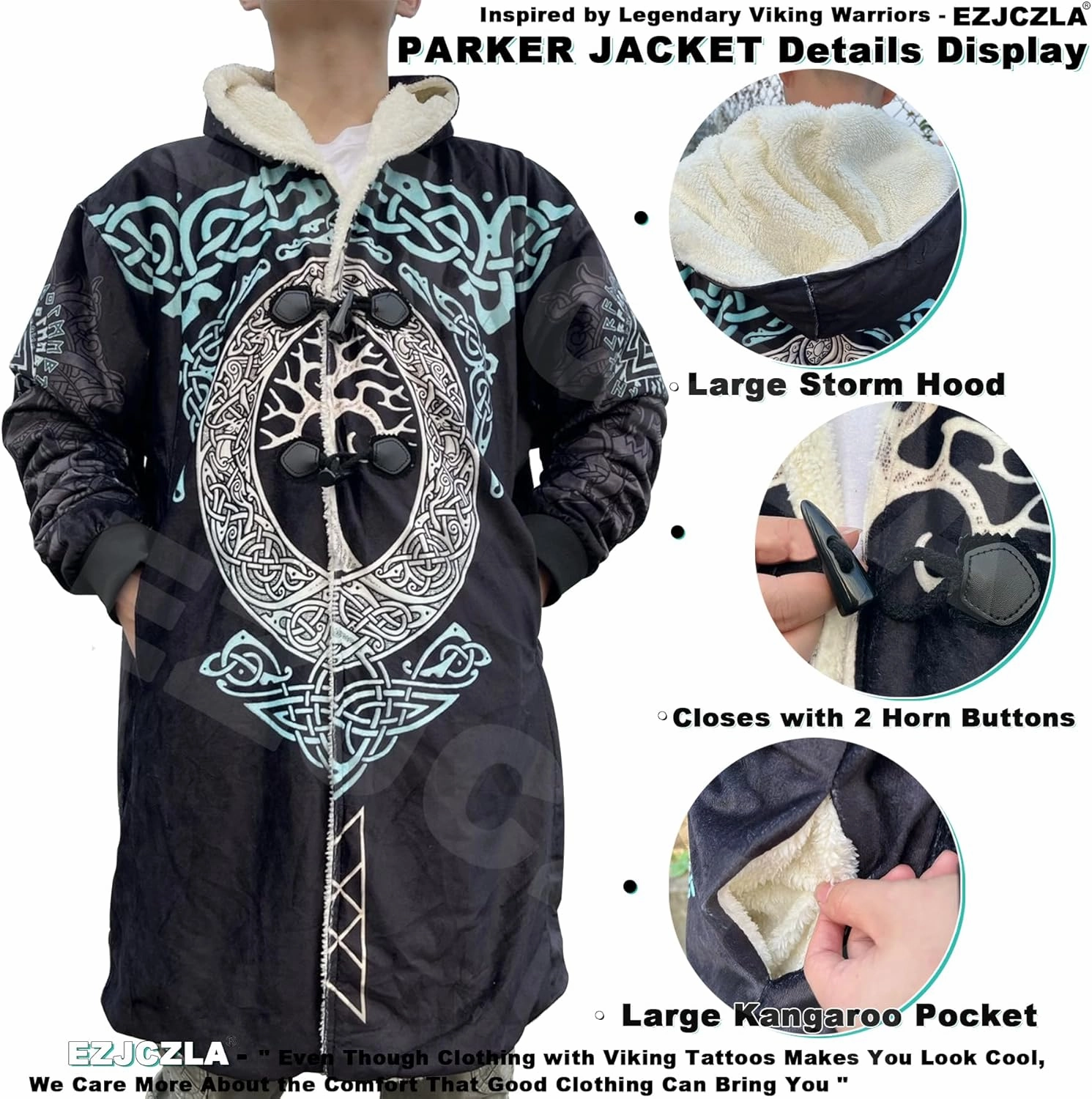 Men's Medieval Armor Winter Coat Park Viking Retro 3D Printed Long Sleeve Cloak Novelty Jacket Role Play Coatumes Poncho