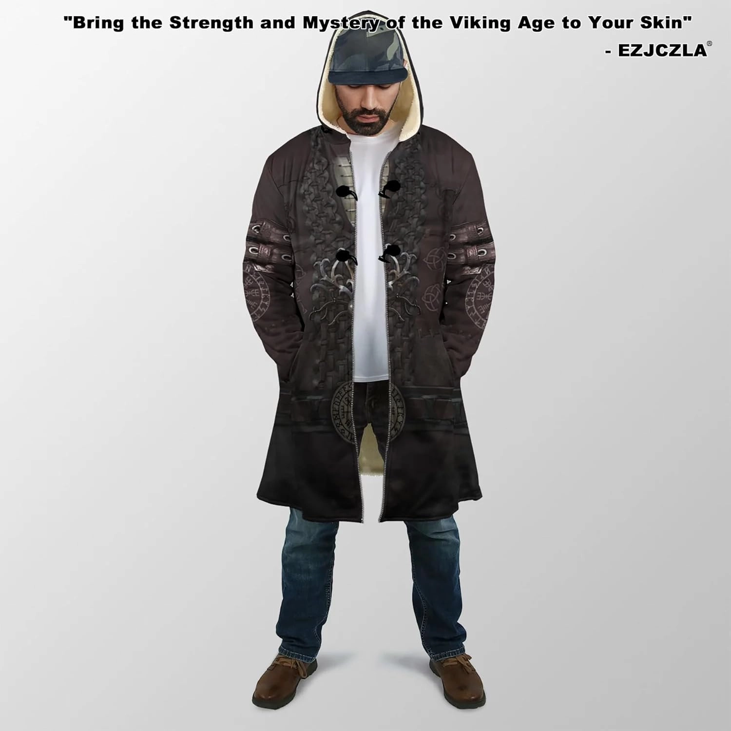 Men's Medieval Armor Winter Coat Park Viking Retro 3D Printed Long Sleeve Cloak Novelty Jacket Role Play Coatumes Poncho