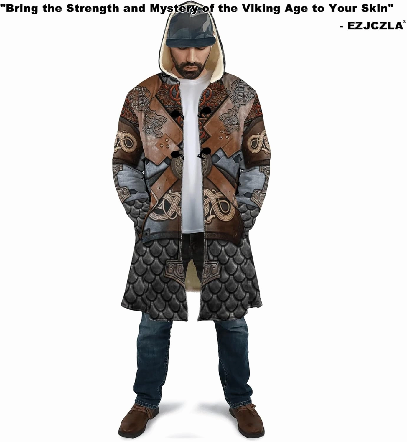 Men's Medieval Armor Winter Coat Park Viking Retro 3D Printed Long Sleeve Cloak Novelty Jacket Role Play Coatumes Poncho