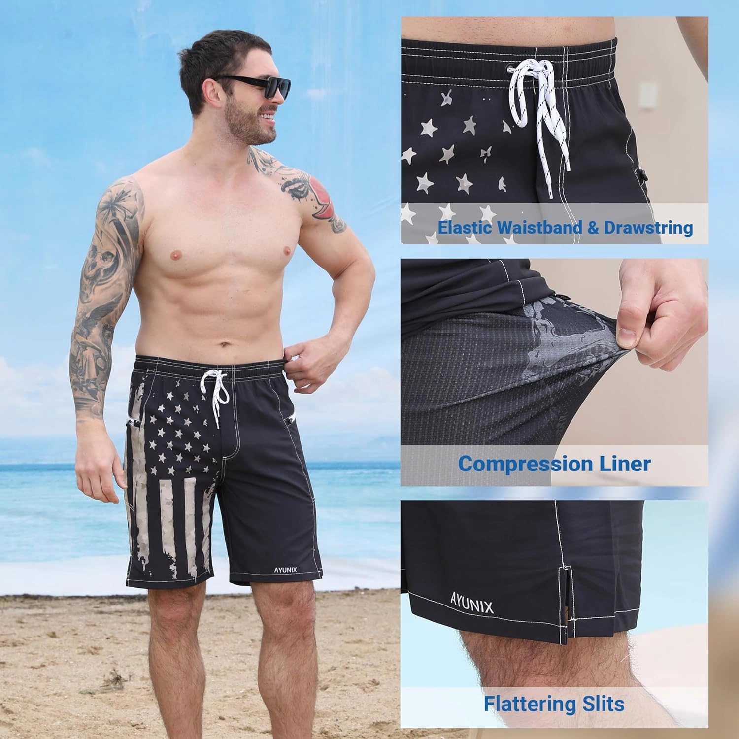 Men's Swim Trunks with Compression Liner Swim Shorts Board Shorts 9 Inch Quick Dry Bathing Suit with Zipper Pockets