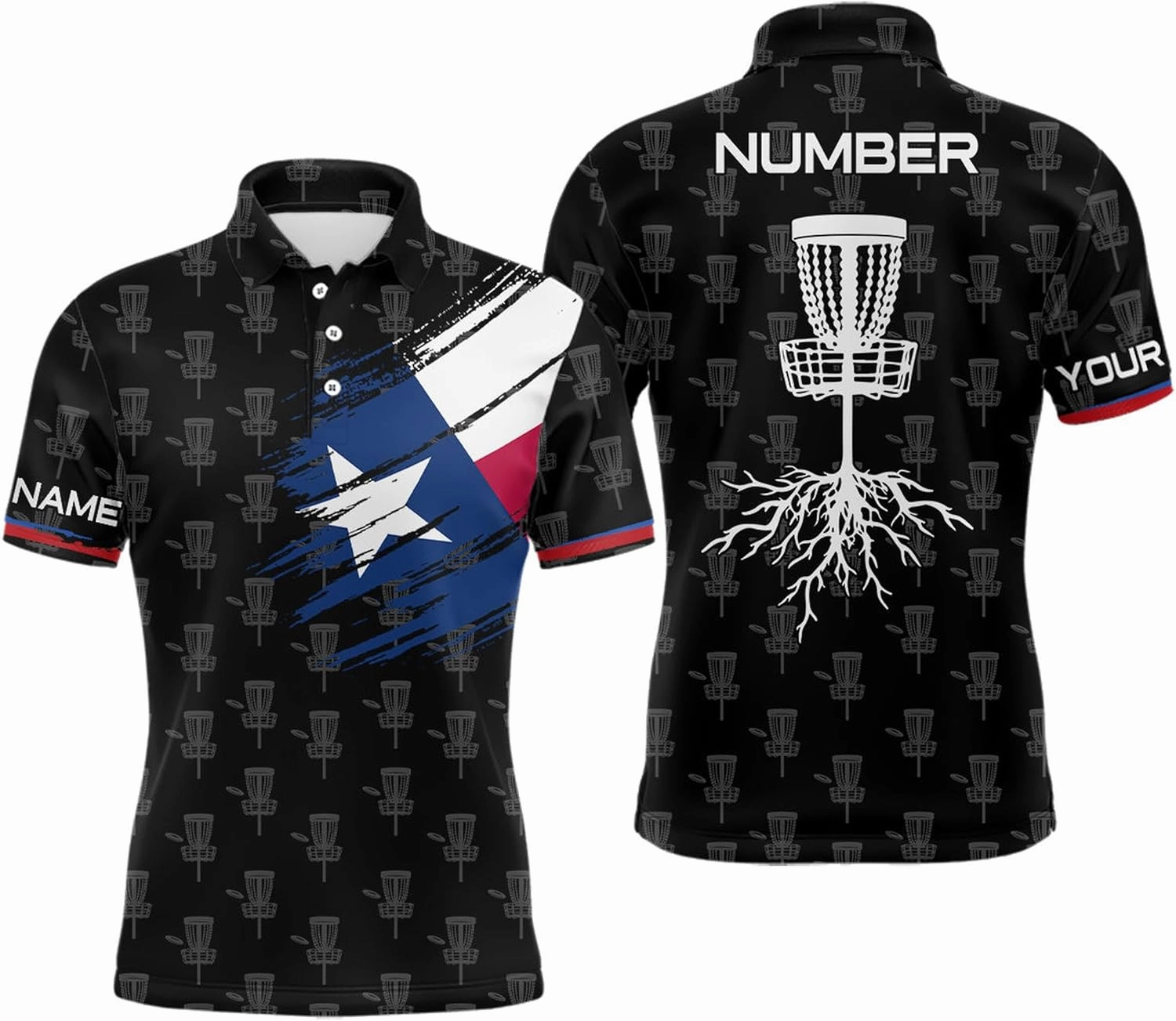 Men's Texas Flag Disc Golf Shirt - Customized Patriotic Design with Basket and Tree Graphics Performance Golf Polo Shirt Personalized L1482