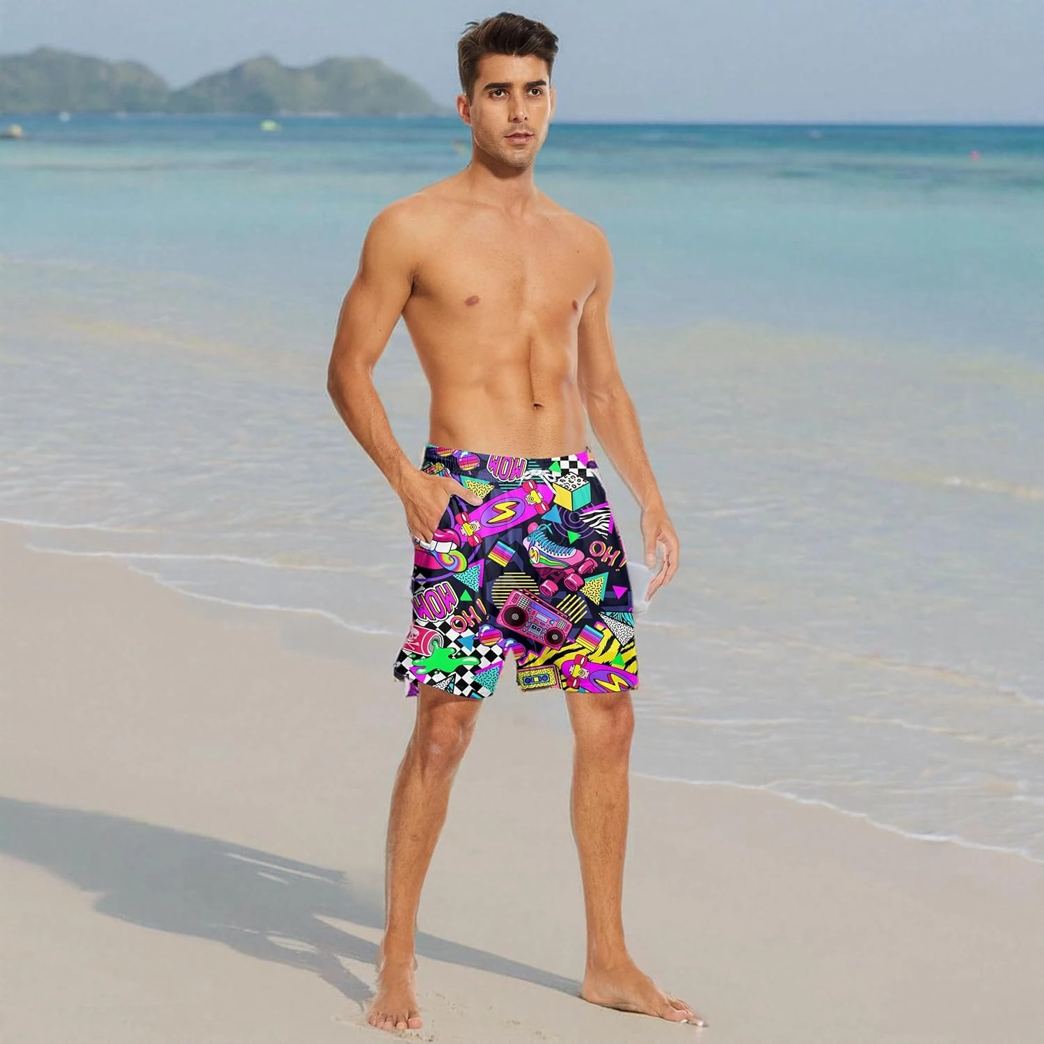 Mens Swim Trunks with Compression Liner 7" Bathing Suit Swimming Shorts Quick Dry Board Shorts Swimsuits with Pockets