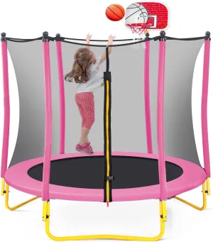 Merax 66'' Trampoline for Kids with Basketball Hoop, Rubber Ball and Enclosure Net, 5.5FT Mini Small Toddler Trampoline Indoor Outdoor for Kids Age 1-8 Birthday Gifts