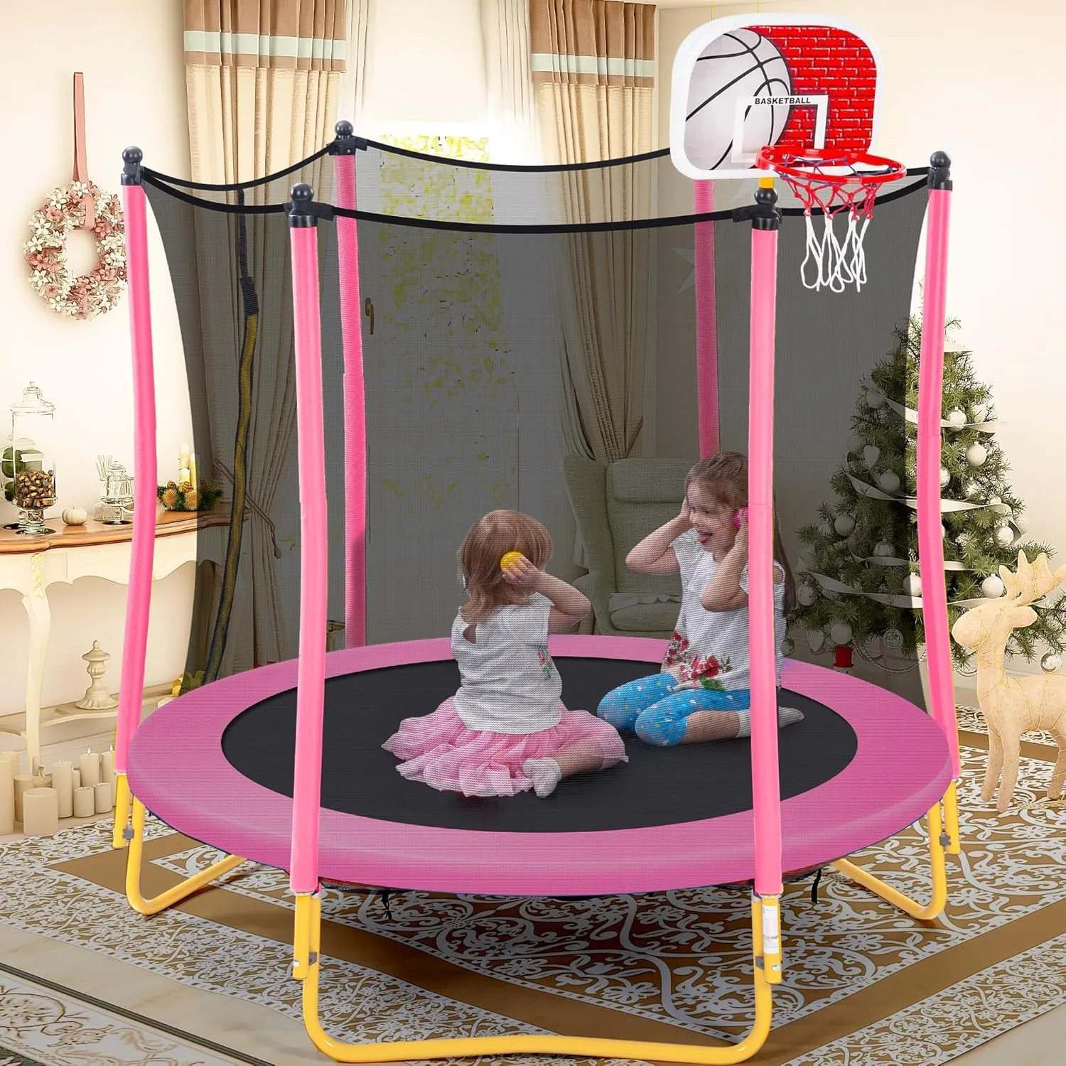 Merax 66'' Trampoline for Kids with Basketball Hoop, Rubber Ball and Enclosure Net, 5.5FT Mini Small Toddler Trampoline Indoor Outdoor for Kids Age 1-8 Birthday Gifts