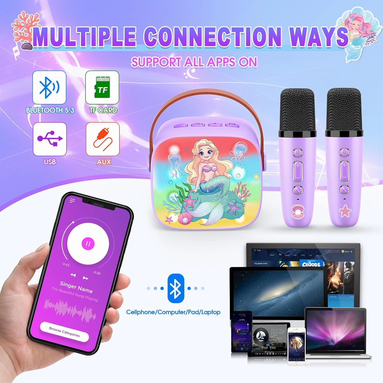 Mermaid Karaoke Microphone Machine Toys: Colorful LED Portable Bluetooth Speaker with 2 Wireless Mics Toys Gifts for 4 5 6 7 8 9 Years Old Girls Kids Birthday Party Gift for Girl Girls Ages 4-12 