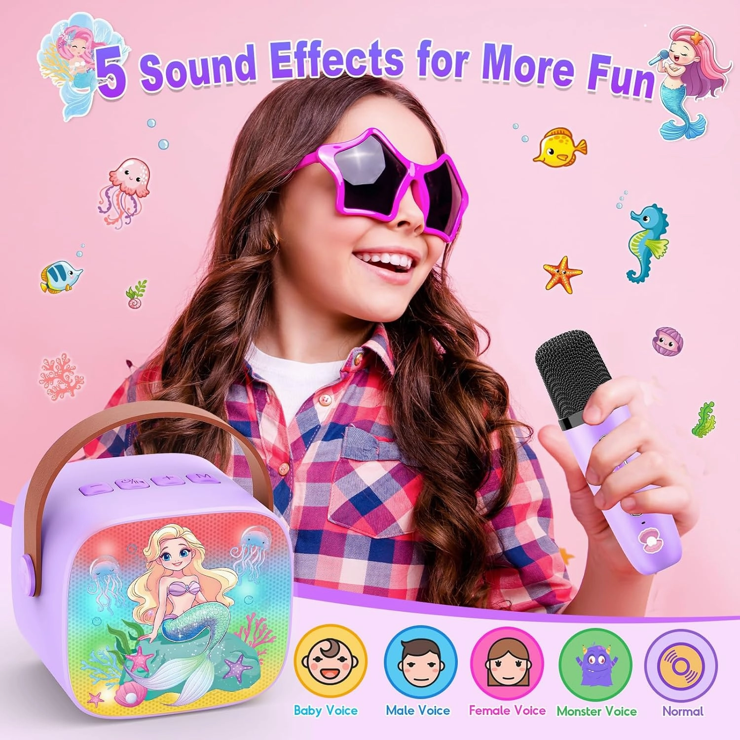Mermaid Karaoke Microphone Machine Toys: Colorful LED Portable Bluetooth Speaker with 2 Wireless Mics Toys Gifts for 4 5 6 7 8 9 Years Old Girls Kids Birthday Party Gift for Girl Girls Ages 4-12 
