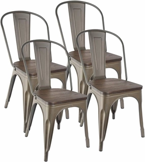 Metal Dining Chairs Set of 4 Farmhouse Stacking Kitchen Side Chairs Bronze with Wood Seat High Back & Rubber Feet