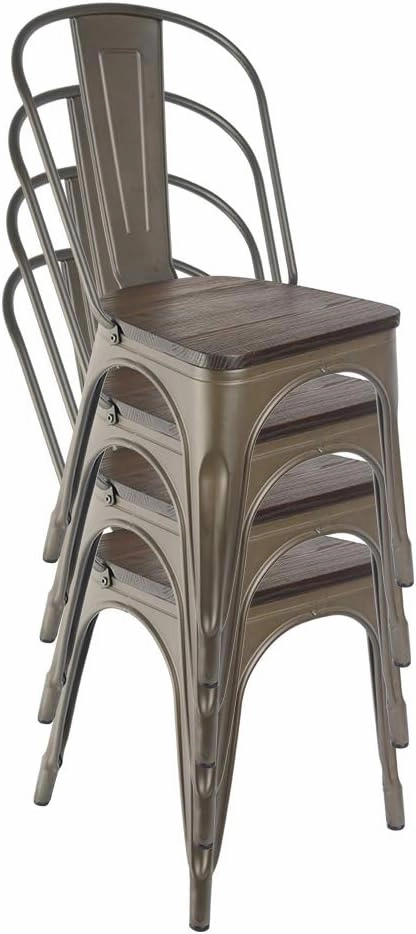 Metal Dining Chairs Set of 4 Farmhouse Stacking Kitchen Side Chairs Bronze with Wood Seat High Back & Rubber Feet
