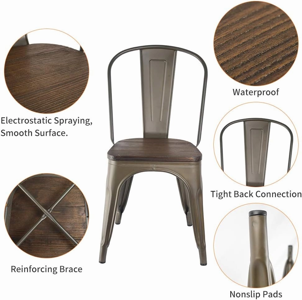 Metal Dining Chairs Set of 4 Farmhouse Stacking Kitchen Side Chairs Bronze with Wood Seat High Back & Rubber Feet