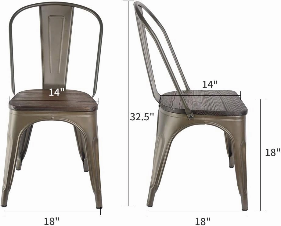 Metal Dining Chairs Set of 4 Farmhouse Stacking Kitchen Side Chairs Bronze with Wood Seat High Back & Rubber Feet